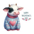 Watercolor Valentine's Day card, children's illustration with animal cow. Royalty Free Stock Photo