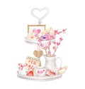 Watercolor Valentine's day decoration. Hand painted tiered tray illustration with cute decor isolated on white