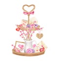 Watercolor Valentine's day decoration. Hand painted wood tiered tray illustration with cute decor isolated on white