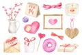 Watercolor Valentine's day elements set. Hand drawn cute romantic items. Hearts, love letter, donut, branches in vase