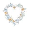Watercolor Valentine`s day floral heart love wreath. Romantic single frame with dusty blue floral, white flower, golden rose, Royalty Free Stock Photo