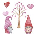 Watercolor Valentine\'s Day, gnomes and tree