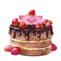 Watercolor Valentine's day pig. Piglet in the big cake. Royalty Free Stock Photo