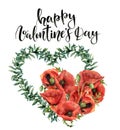 Watercolor Valentine`s Day print with hearts. Hand painted floral hearts with eucalyptus leaves and red poppies isolate Royalty Free Stock Photo