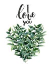 Watercolor Valentine`s Day print with hearts. Hand painted floral heart with eucalyptus leaves isolated on whit Royalty Free Stock Photo