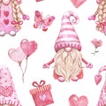 Watercolor cute Valentine gnomes couple seamless pattern. Valentine`s day themed design. Hand drawn Nordic elf print. Royalty Free Stock Photo