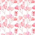 Watercolor Valentine`s day seamless pattern. Pink balloons illustration Royalty Free Stock Photo