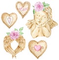 Watercolor Valentine`s Day and wedding collection. Cupid, hearts, roses, wings. Perfect for printing on fabric, paper