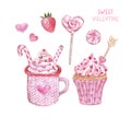 Hand painted sweets and treats for Valentines day, isolated on white background. Watercolor hot cocoa mug,cupcake,candies