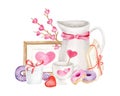 Watercolor Valentine's day arrangement. Hand drawn cute romantic composition with pitcher, donuts, branches, hearts