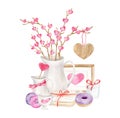 Watercolor Valentine's day arrangement. Hand drawn cute romantic composition with pitcher, donuts, branches, hearts