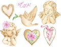 Watercolor Valentine's Day and wedding collection. Cupids, hearts, roses, pigeon. Perfect for printing on fabric, paper.