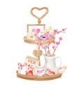 Watercolor Valentine's day decoration. Hand painted wood tiered tray illustration with cute decor isolated on white