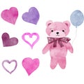 Watercolor Valentine's day illustration set, romantic elements. Cute cartoon teddy bears, pink and red hearts Royalty Free Stock Photo