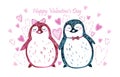 Watercolor valentines card with pink penguin girl and turquoise penguin boy. Postcards for Valentine`s Day, with hearts and Royalty Free Stock Photo