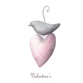Watercolor valentines day clipart. bird with pink heart Isolated on white background. Hearts, love, hand made. Perfect Royalty Free Stock Photo