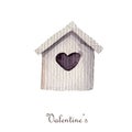 Watercolor valentines day clipart. wooden house Isolated on white background. Hearts, love, hand made.
