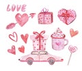 Watercolor Valentines day collection. Hand drawn hearts, retro delivery car with special gift, hot cocoa mug, isolated.