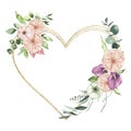 Watercolor Valentines Day floral golden geometrical heart wreath with calla lily rose greenery Royalty Free Stock Photo