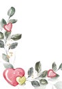 Watercolor Valentines Day frame with hearts and greenery leaves isolated on white background. Floral frame bohemian boho