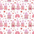 Watercolor Valentines day gnomes seamless pattern. Holiday themed design. Hand drawn Nordic gnome print. Pastel pink colors Royalty Free Stock Photo