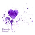 Watercolor Valentines Day Heart with a hand-drawn painted violet watercolor heart with violet and pink splashes