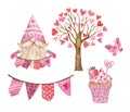 Watercolor Valentines day illustrations set, gnome, heart tree, sweet cupcake dessert, isolated on white background