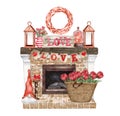 Watercolor Valentines Day living room composition with fireplace, heart, flowers, buntings, candles. Romantic home