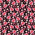Watercolor Valentines Day seamless pattern. Hand painted colorful background with pink and red hearts and candies