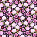 Watercolor Valentines Day seamless pattern. Hand painted colorful background with red hearts and pink flowers