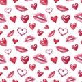 Watercolor Valentines day seamless pattern with red and pink lips and hearts on white background. Romantic holiday print