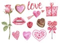 Watercolor Valentines day set. Pink lips, hearts, sweets and candies, isolated. Hand painted symbols of love on white background. Royalty Free Stock Photo