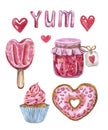 Watercolor Valentines day sweets, treats and dessert, isolated. Red and pink cake, jam, ice cream, doughnut, isolated