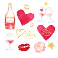 Watercolor valentines day symbols collection. Set of Hand painted elements Royalty Free Stock Photo