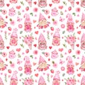 Watercolor Valentines gnome seamless pattern. Cute gnomes print with pink heart, flowers, gift, hot cocoa on white background. Royalty Free Stock Photo