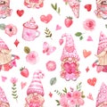 Watercolor cute valentine gnomes seamless pattern. Valentines day themed design. Hand drawn elf print. Pastel pink color palette Royalty Free Stock Photo