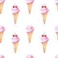 Watercolor vanilla ice cream seamless pattern with red cherry. Cold summer dessert art print Royalty Free Stock Photo