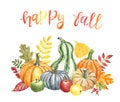 Watercolor variety of pumpkins with fall tree leaves. Orange, blue, green pumpkins, isolated. Autumn holidays background