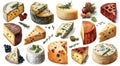Watercolor various cheese. Different organic cheeses, cheddar, brie, camembert, maasdam and roquefort watercolor hand drawn