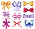 Watercolor various colors silk ribbon bows set isolated on white. hand-drawn knots as decorative design elements. golden, purple, Royalty Free Stock Photo