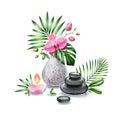 Watercolor vase with orchid, candle and spa stones. Tropical bouquet with flowers and palm leaves. Interior decoration Royalty Free Stock Photo