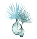 Watercolor vases with tropical leaves. Poster with antique glass and transparent palm branches. Interior decoration in