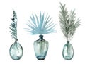 Watercolor vases with tropical leaves. Set of three antique glass bottles and palm branches. Interior decoration in Royalty Free Stock Photo