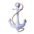 Watercolor vector illustration of anchor. blue Anchor with rope. anchor isolated on white backdrop Royalty Free Stock Photo