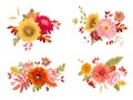 Watercolor vector autumn flowers bouquets, orange hydrangea, fern, dahlia, red rowan berry, sunflower