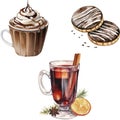 Watercolor vector christmas food set of mulled wine, cocoa with cream peak, oatmeal cookies with chocolate glaze.