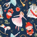 Watercolor vector christmas winter nutcracker fairy tale ballet seamless pattern Royalty Free Stock Photo