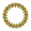 Watercolor vector Christmas wreath with green branches and red berries. Royalty Free Stock Photo