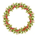 Watercolor vector Christmas wreath with green branches and red berries. Royalty Free Stock Photo