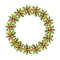 Watercolor vector Christmas wreath with green branches and red berries. Royalty Free Stock Photo